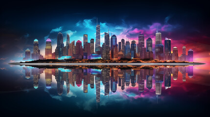 Neon-lit city skyline with reflections