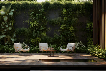 A backyard garden with a feature wall of vertical greenery