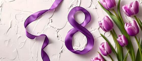 Number 8 with violet ribbon and tulip flowers on light background, international women's day celebration, wide angle format banner.