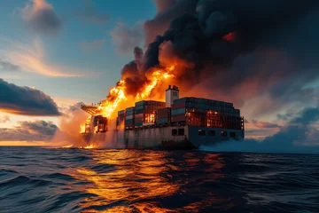 Papier Peint photo Feu A container ship on fire at sea after an attack