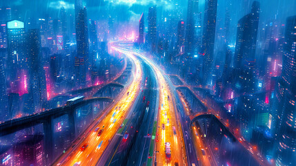 Fast Moving City Traffic at Night, Blurred Lights on Urban Roads with a Modern Skyline