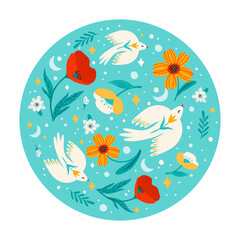 Illustration with flowers and birds. Vector design concept for International Women s Day and other