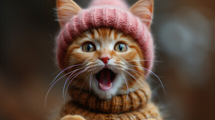 Naklejka na ściany i meble a surprised ginger cat in a knitted hat