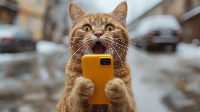 A surprised ginger cat with a yellow phone in his paws.