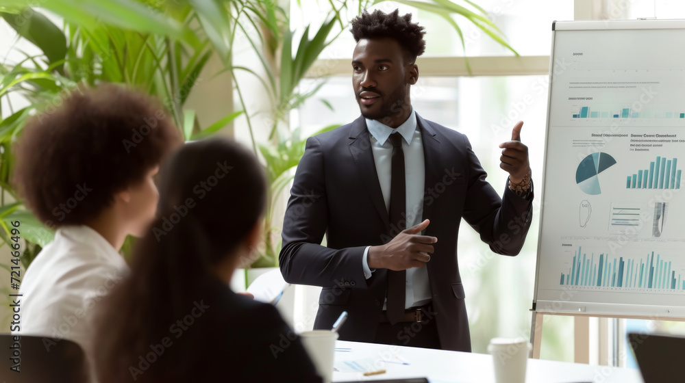 Poster business presentation taking place with a well-dressed man pointing at a chart on a display board wh