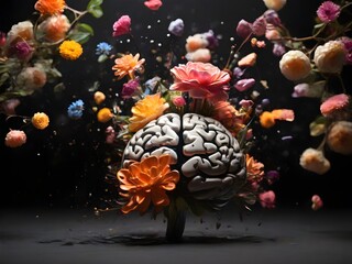 Obraz na płótnie Canvas Concept art of a human brain exploding with creativity. brain exploding with flowers, surrelaism abstract, abstrac human brain exploding creativity, generative ai, ai generative abstract concept art.