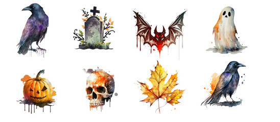 Halloween symbols watercolor clipart isolated on white background.
