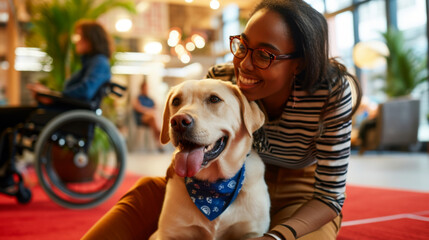 close-up of a smiling young woman hugging a cream-colored Labrador Retriever