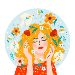 Illustration with woman, flowers and birds. Vector design concept for International Women s Day and other