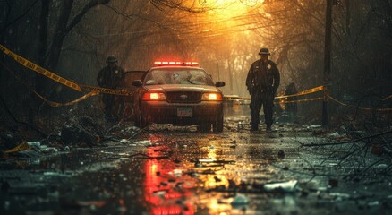 In the midst of a cold, rainy night, two brave police officers stand next to a firetruck and car, their flashing lights illuminating the winter street as they battle a fierce blaze