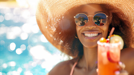 cheerful young woman wearing a straw hat and sunglasses