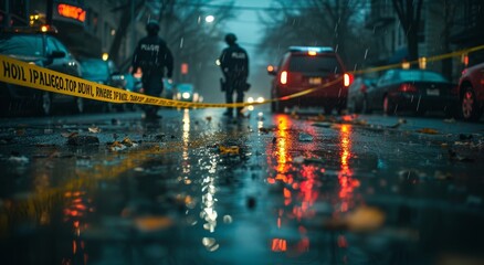 A group of police officers stand in the rain, illuminated by the city lights, as they investigate a crime scene marked by yellow tape on a wet street, their reflection distorted in the water puddles