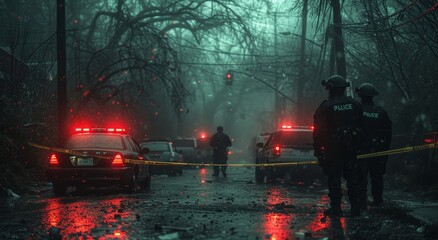 In the midst of a winter storm, police officers brave the rain and snow to extinguish a blazing tree fire on a deserted street, their flashing lights illuminating the night - obrazy, fototapety, plakaty
