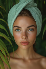 Woman with a towel headwrap amidst tropical leaves background. Image for eco-friendly cosmetics,...