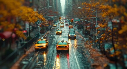 A bustling city street, painted with autumn light and rain, lined with tall trees and filled with...
