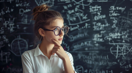thoughtful young student standing in front of a blackboard filled with complex scientific formulas - obrazy, fototapety, plakaty