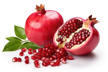 pomegranates with leaves isolated on white background