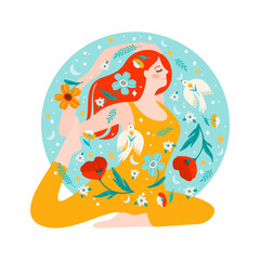 Illustration with woman doing yoga, flowers and birds. Vector design concept for International Women s Day and other
