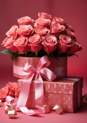 A large bouquet of roses on a pink background. Valentine's gift. Generative AI.