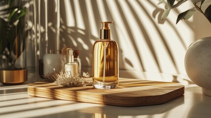 Golden Soap Dispenser; Sunlit Serene Bathroom; Elegant Spa Ambiance