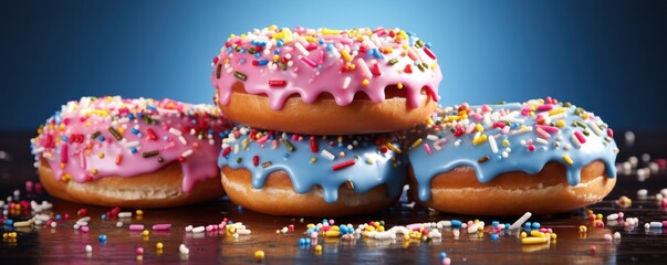 Fototapeta na wymiar Tasty sweet donuts with sprinkles on a blue background. Generative AI.