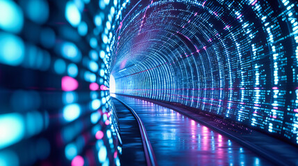 Obraz premium Modern Blue Tunnel Illuminated with Neon Lights: Futuristic Architecture and Urban Design Concept