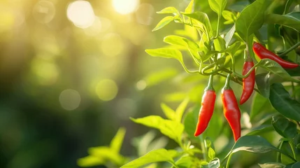 Fotobehang Vibrant ripe red peppers on a stem and sunny fresh green leaves. Outdoor nature background © Sunny_nsk