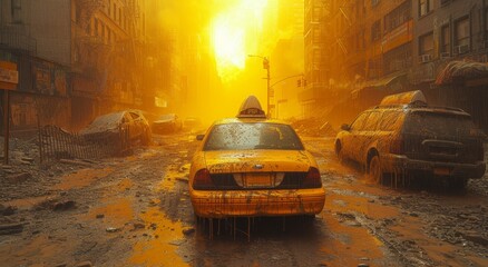 A bright yellow taxi speeds through the gritty streets of the city, its wheels kicking up dust as...