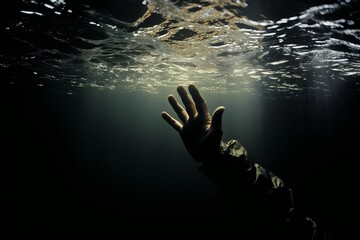 Desperate drowning persons hand reaching out for the waters surface in distress.