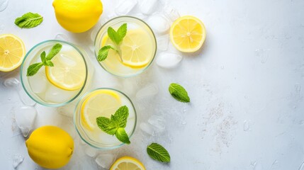 three glasses of lemonade with lemon slices and mint leaves, surrounded by whole lemons, slices, mint leaves and ice cubes on a textured surface.