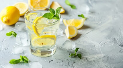 Cold lemonade with lemon, mint and ice on modern light concrete background