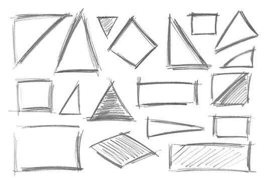 Set different geometric shapes isolated on white, hand draw, lead pencil
