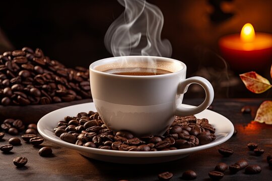 Cup of coffee with coffee beans closeup dark background © pixeness