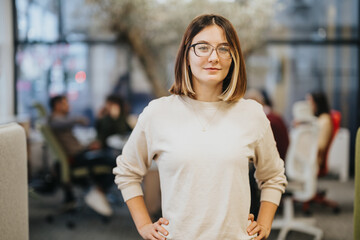 A confident, businesswoman standing in a modern office. This successful executive is happy and proud of their job in a corporate company.