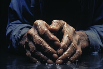 Close-up of the wrinkled hands of an elderly person peacefully folded in clear water.