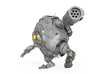 heavy metal mech ball is walking off balance on white background side view