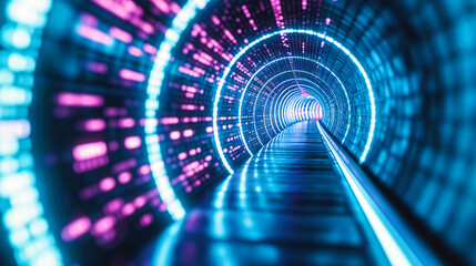 Futuristic Blue Neon Tunnel: Modern Design with Glowing Lights, Perspective View in a Dark Space - obrazy, fototapety, plakaty