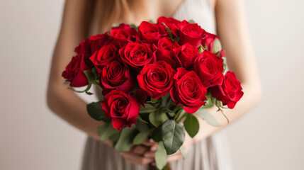 Close up of a woman holding a bouquet of red roses.