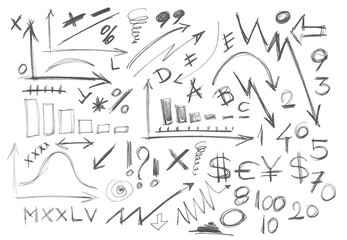 Set hand draw design elements for business, icon and chart, isolated on white