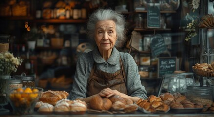 An experienced woman proudly presents her delectable pastries at her quaint bakery shop, her warm smile and apron adding to the inviting display of freshly baked treats on the outdoor shelf