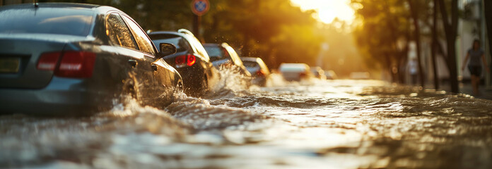 Cars were traveling on flooded roads in the city. - obrazy, fototapety, plakaty
