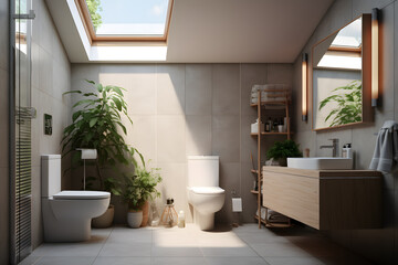  bathroom with a floating toilet and a skylight