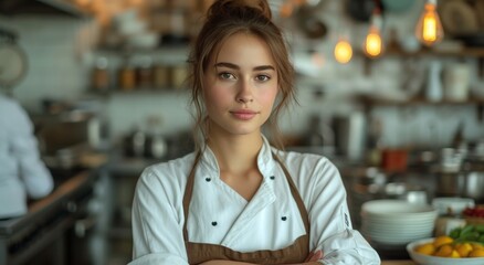 A focused female cook stands proudly in her chef's uniform, surrounded by the comforting scents and sights of a bustling kitchen