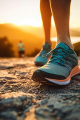 Naklejka premium Closeup of running shoes in nature Mountain river at sunset.