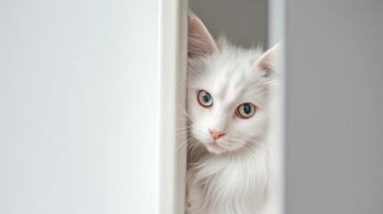 Turkish Angora cat Peeking around corner