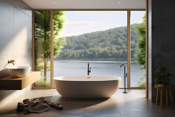 A bathroom with a soaking tub overlooking a scenic view