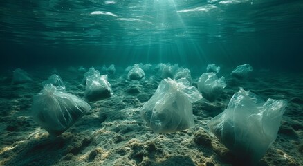 A mesmerizing scene of plastic bags floating amongst the vibrant coral reef, a heartbreaking reminder of the devastating impact of human pollution on our delicate underwater world