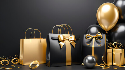 shopping bags with ribbon, gold and black, black friday, fancy gift bags. ai