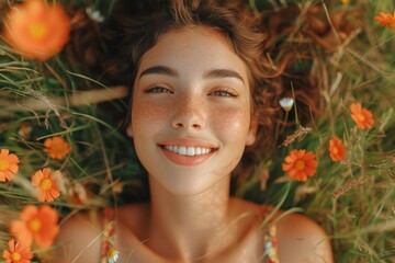A smiling woman rests among vibrant flowers, her face blending seamlessly into the natural beauty of the outdoors