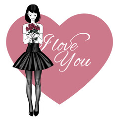 Girl in short black skirt with red roses against the background of a large pink heart with the inscription “I love you”. Vintage black and white engraving stylized drawing. Vector illustration 